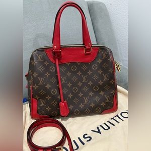 Louis Vuitton Monogram Retiro Handbag with red leather trim and strap